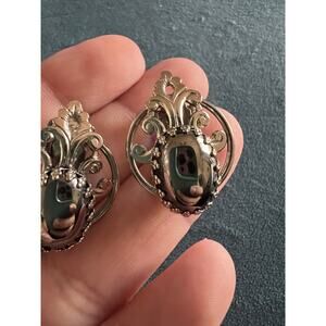 Vintage Hematite Clip-On Earrings Ornate Scroll Silver Tone Baroque Style 1”
